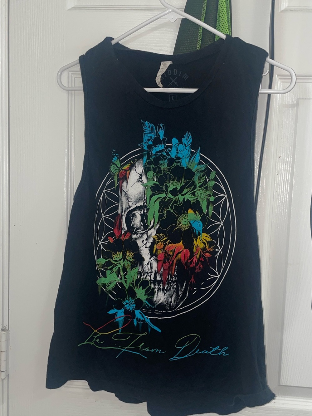 Black Tee with Blue and Green Floral Skull Print